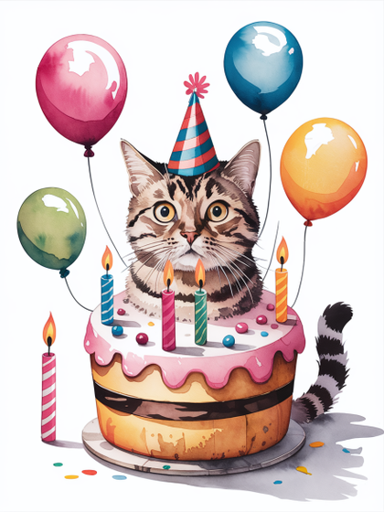 Watercolor Illustration of Cat on Birthday Cake
