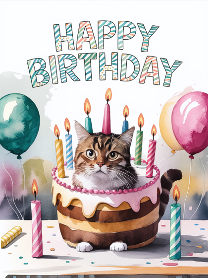 Happy Birthday Cat Watercolor Illustration