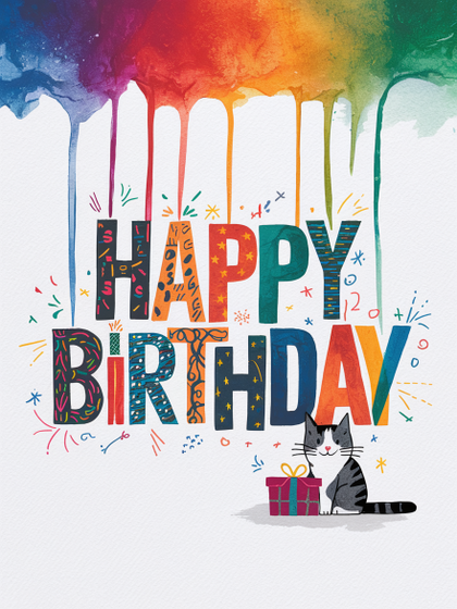 Happy Birthday Watercolor With Cat