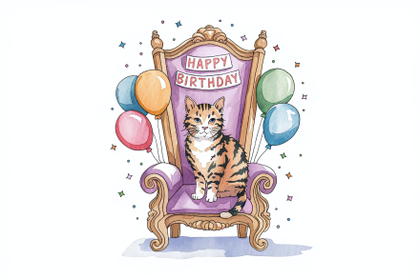 Watercolor Cat Birthday Throne Illustration