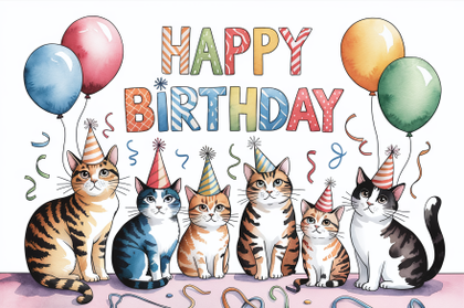 Watercolor Cat Birthday Party Card