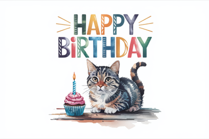Watercolor Cat Birthday Card