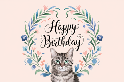 Happy Birthday Cat Watercolor Wreath