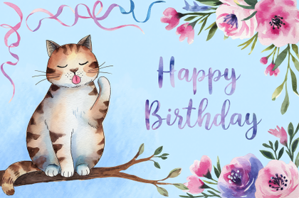 Happy Birthday Cat Watercolor Illustration
