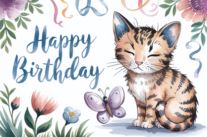 Watercolor Illustration of a Cat Sitting for a Happy Birthday Card