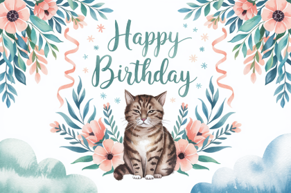 Watercolor Happy Birthday Cat Card with Floral Wreath