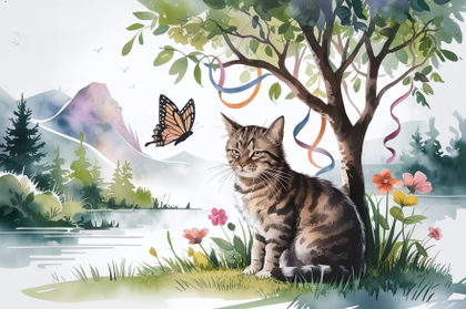 Watercolor Illustration of a Peaceful Cat Sitting Under a Tree