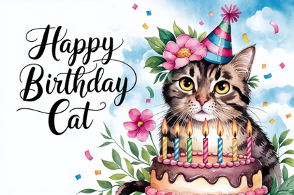 Watercolor Illustration of a Cat Celebrating Birthday