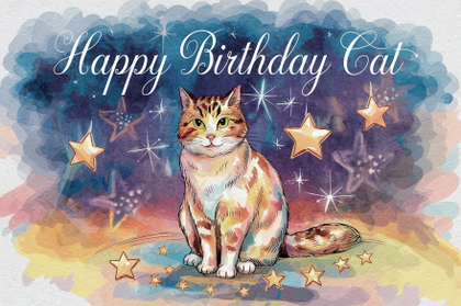 Watercolor Illustration of a Cat with Stars for Birthday