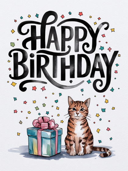 Watercolor Happy Birthday Card with Cat