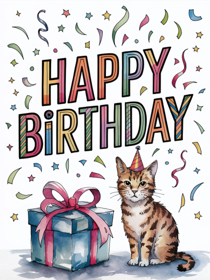 Happy Birthday Watercolor Card with Cat