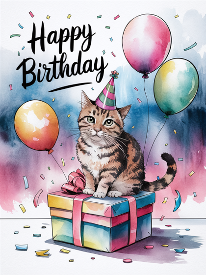 Watercolor Happy Birthday Cat