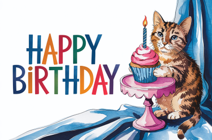 Watercolor Cat Birthday Card