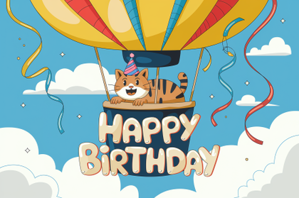 Happy Birthday Cat Hot Air Balloon Illustration