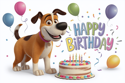 3D Cartoon Dog Celebrates Birthday