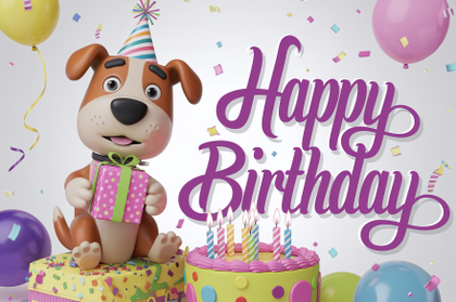 3D Dog Birthday Party Illustration