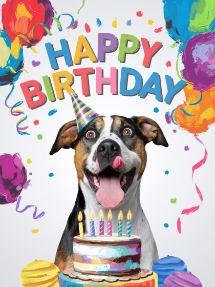 Happy Birthday Dog with Cake and Balloons
