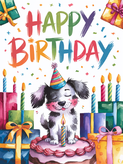 Watercolor Happy Birthday Dog with Cake