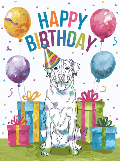 Happy Birthday Dog Card with Presents and Balloons