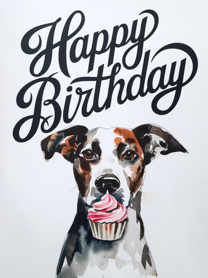 Watercolor Birthday Card with Dog and Cupcake