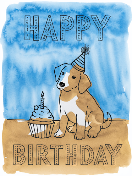 Watercolor Happy Birthday Dog with Cupcake