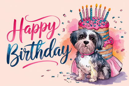 Dog Birthday Card with Cake and Confetti