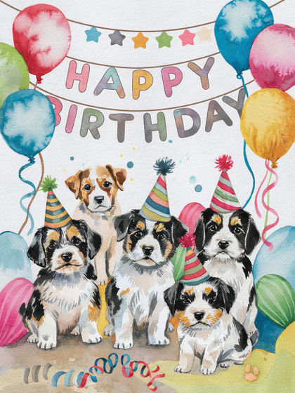 Watercolor Illustration of Adorable Puppies Celebrating a Birthday