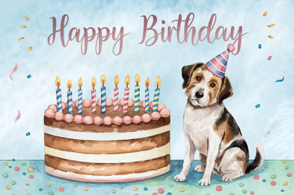 Watercolor Illustration of a Dog and Birthday Cake