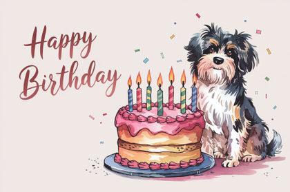 Happy Birthday Dog Cake Watercolor Illustration