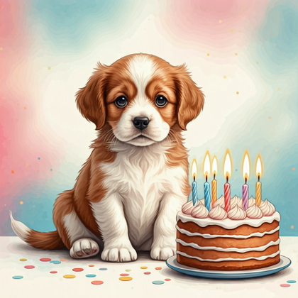 Cute Puppy with Birthday Cake