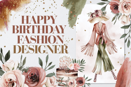 Happy Birthday Fashion Designer Boho Watercolor Illustration