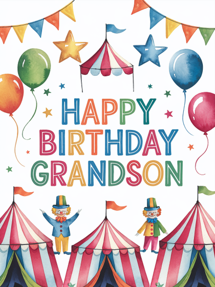 Watercolor Happy Birthday Grandson Card With Circus Theme