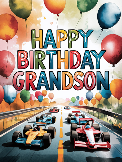 Watercolor Happy Birthday Grandson Card with Race Cars
