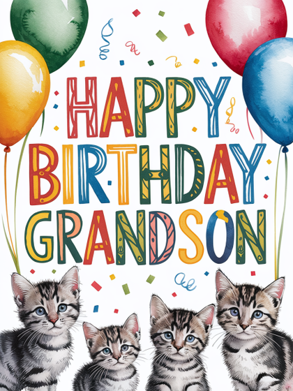 Watercolor Illustration of Happy Birthday Grandson with Cute Kittens