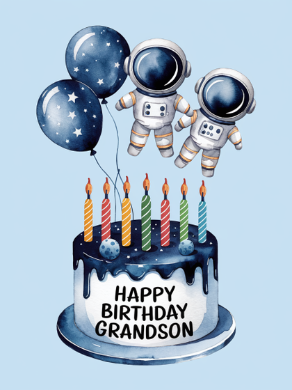 Watercolor Happy Birthday Cake with Astronauts