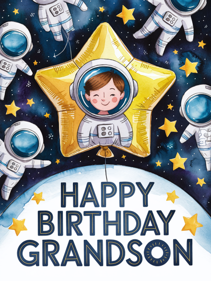Watercolor Space Birthday Card for Grandson