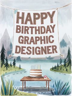 Watercolor Mountain Birthday Card with Lake Scene and Cake