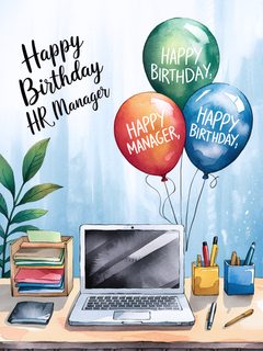 Happy Birthday HR Manager Desk Watercolor Illustration