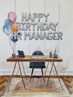 Watercolor Illustration of a Desk with Birthday Balloons for an HR Manager