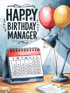 Watercolor Happy Birthday Manager Desk Illustration