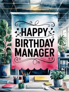 Watercolor Illustration of Happy Birthday Manager Office Banner