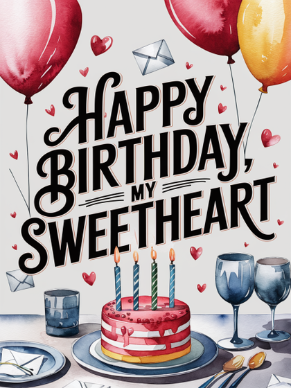 Watercolor Happy Birthday Sweetheart Card with Cake