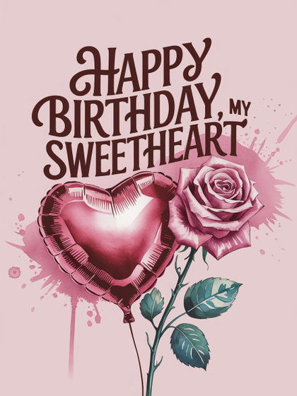 Watercolor Illustration of Happy Birthday Sweetheart with Rose and Heart Balloon