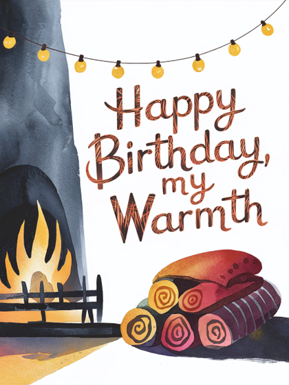 Watercolor Birthday Card with Fireplace and Logs