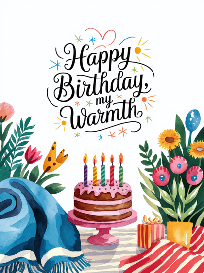 Watercolor Birthday Card with Blanket and Cake