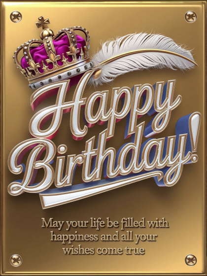 3D Happy Birthday Greeting with Crown and Feather