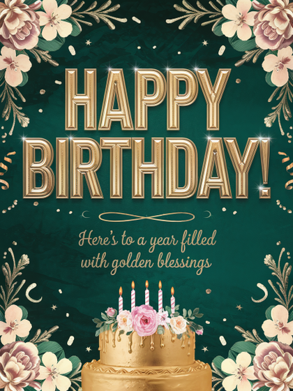 Happy Birthday Cake with Flowers and Gold Text