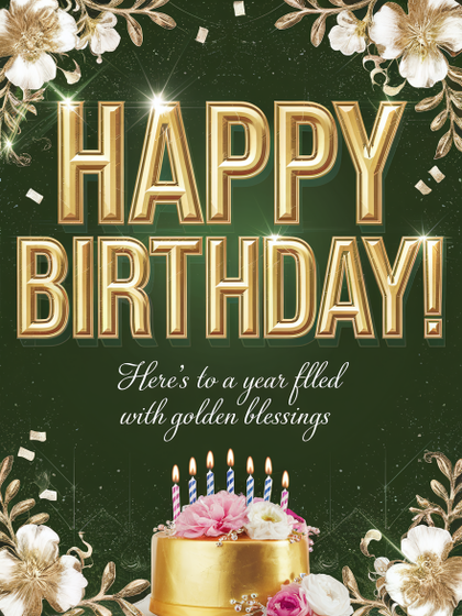 Happy Birthday with Golden Cake and Floral Decor