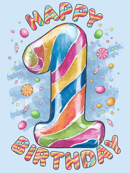 Happy First Birthday Watercolor Card Illustration