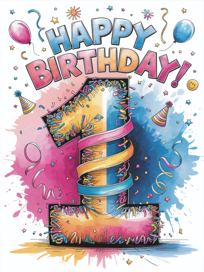 Happy First Birthday Watercolor Illustration